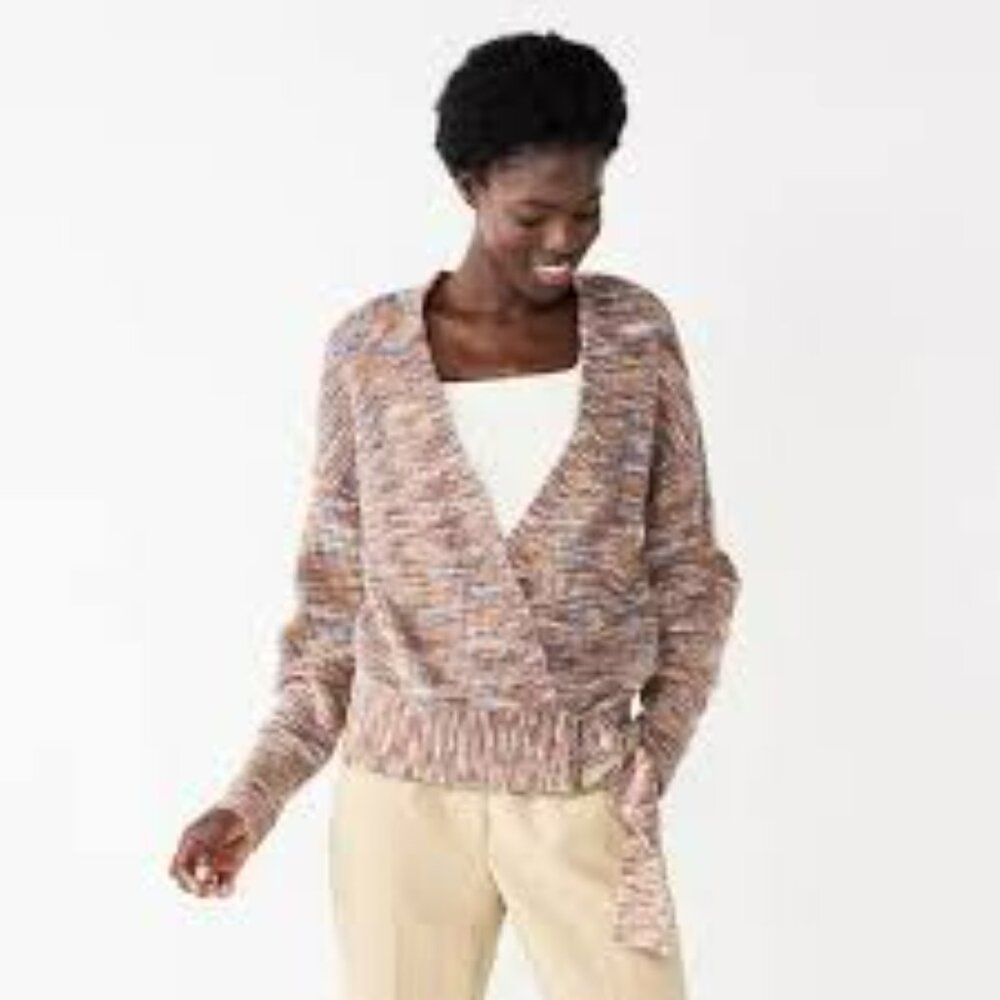Nine West Purple Knitted Wrap Cardigan Sweater Brass Ring  S Multicolor Yarn